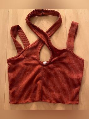 Ribbed Cross-Back Crop Tank Top - Rust